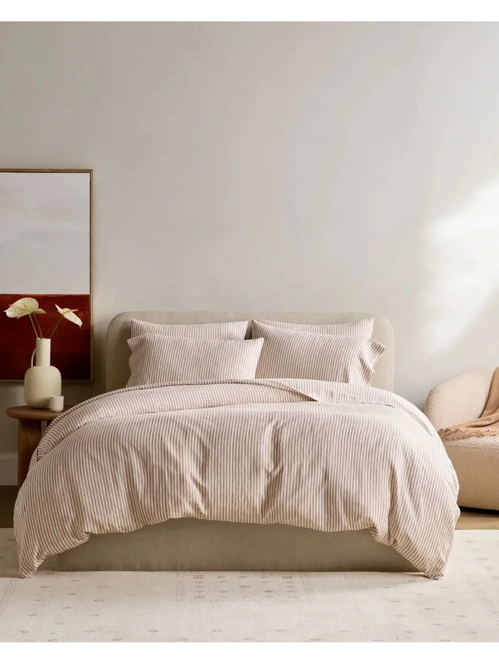 Quince European Linen Duvet Cover Set Full Queen Latte White Stripe $204 Retail